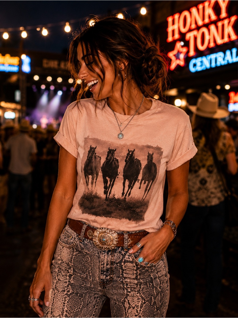 Western Running Horses Graphic Tee Pink Cowgirl Nashville Concert Top - Picture 7 of 7